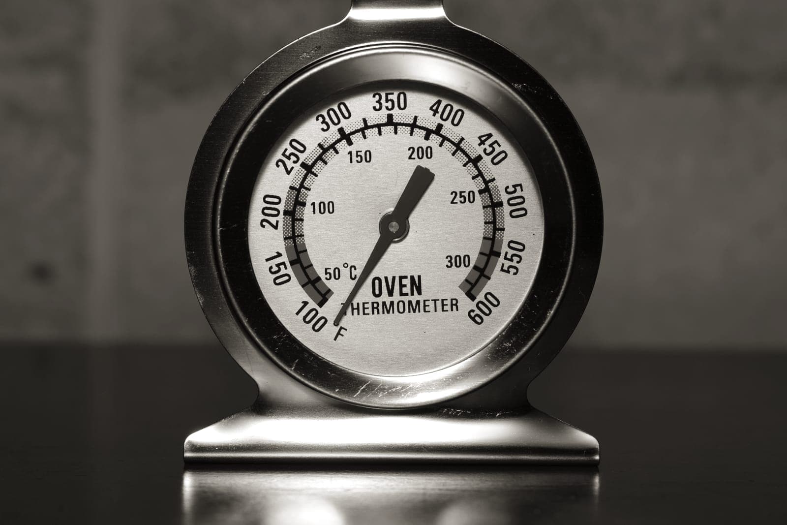 An oven thermometer showing the temperature inside an oven