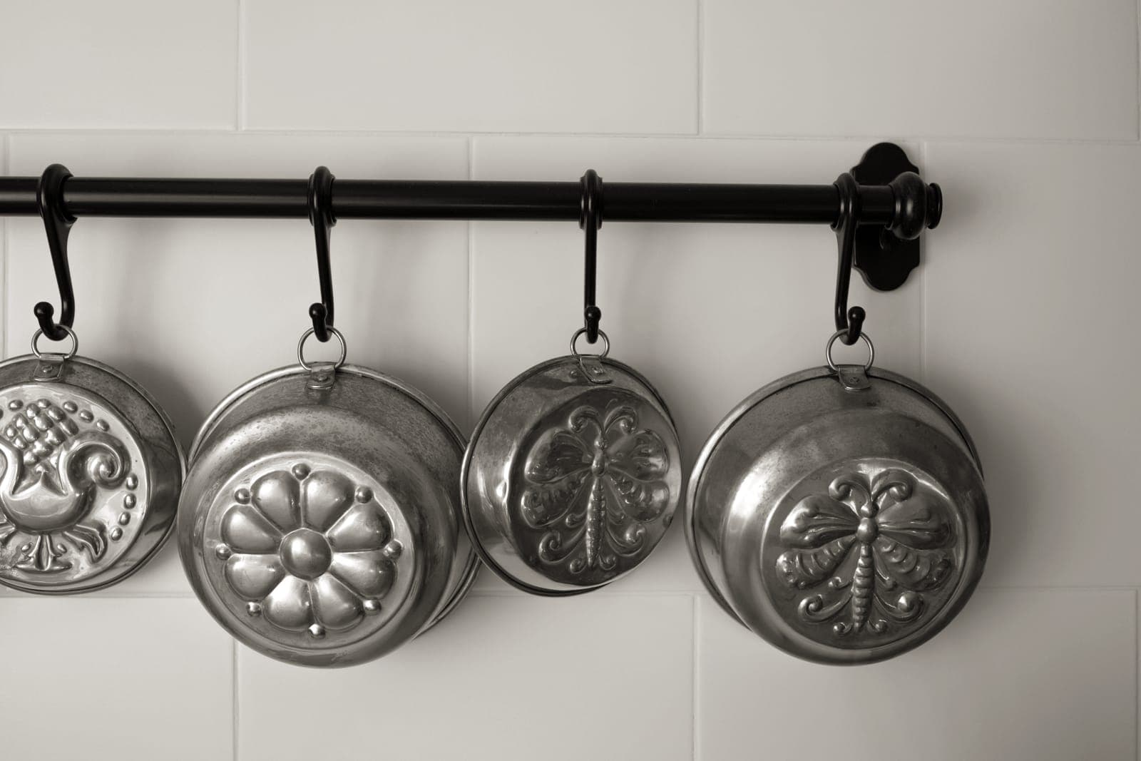 Copper pots hanging in a kitchen