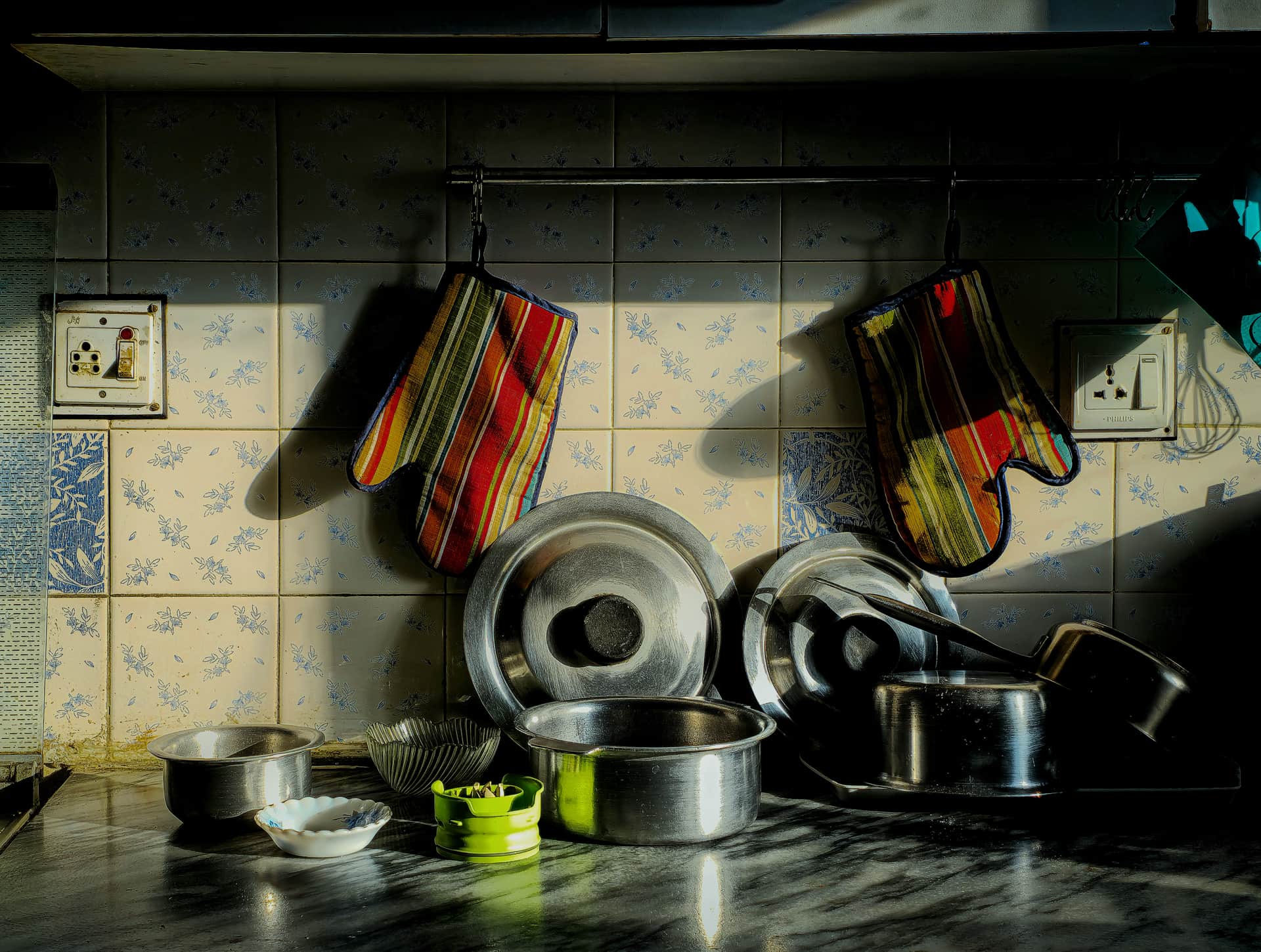 Assorted pots and pans in a home kitchen