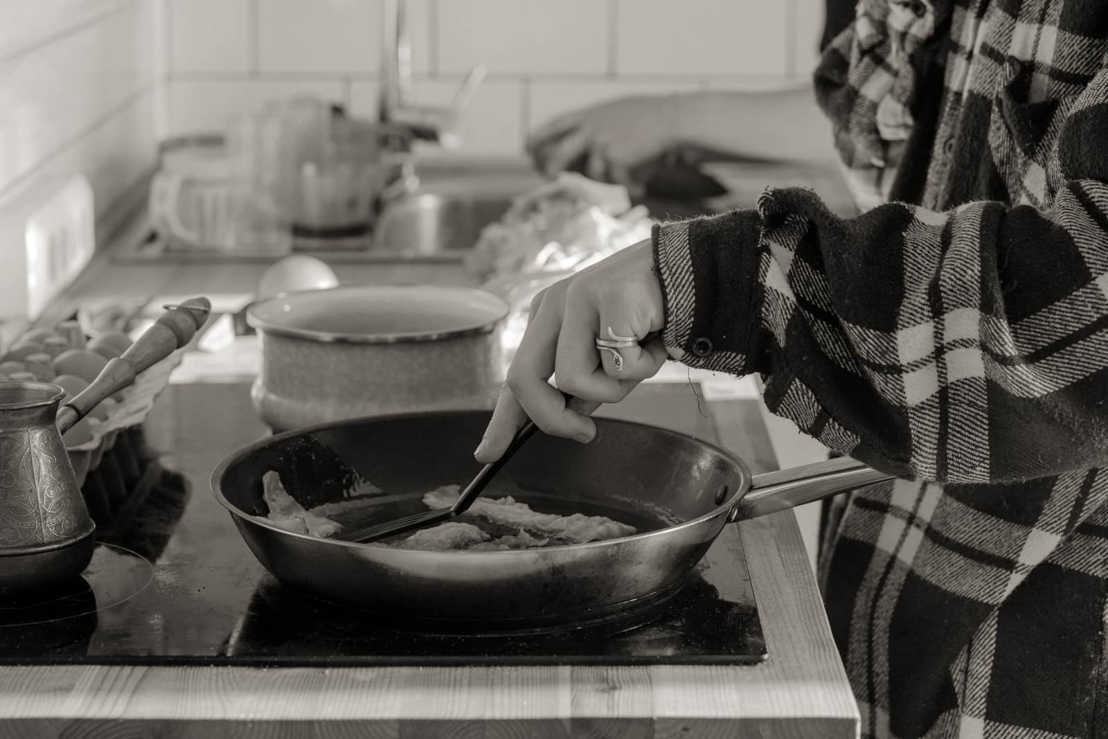 A frying pan heating on an induction hob