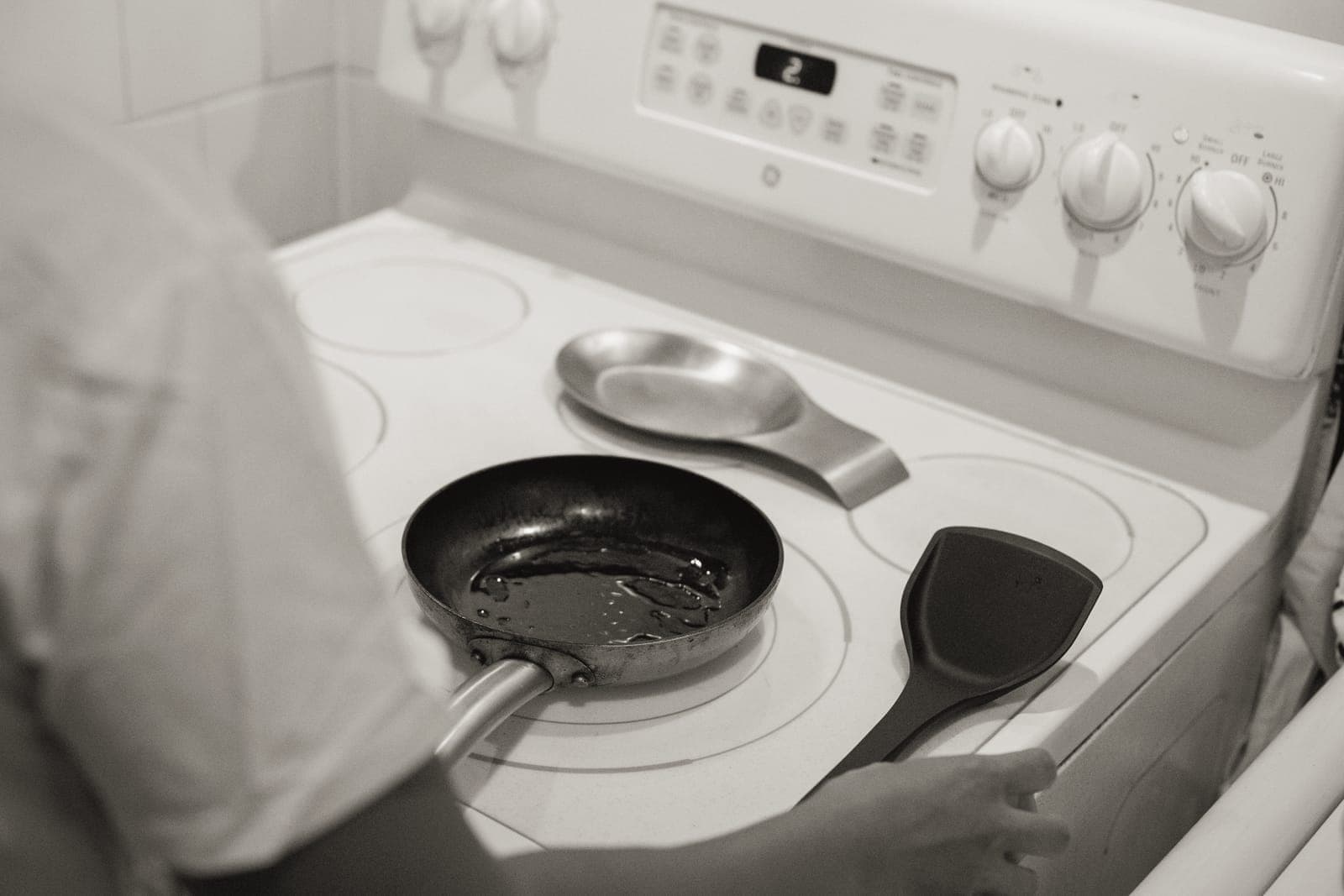 A frying pan sitting on a stove top